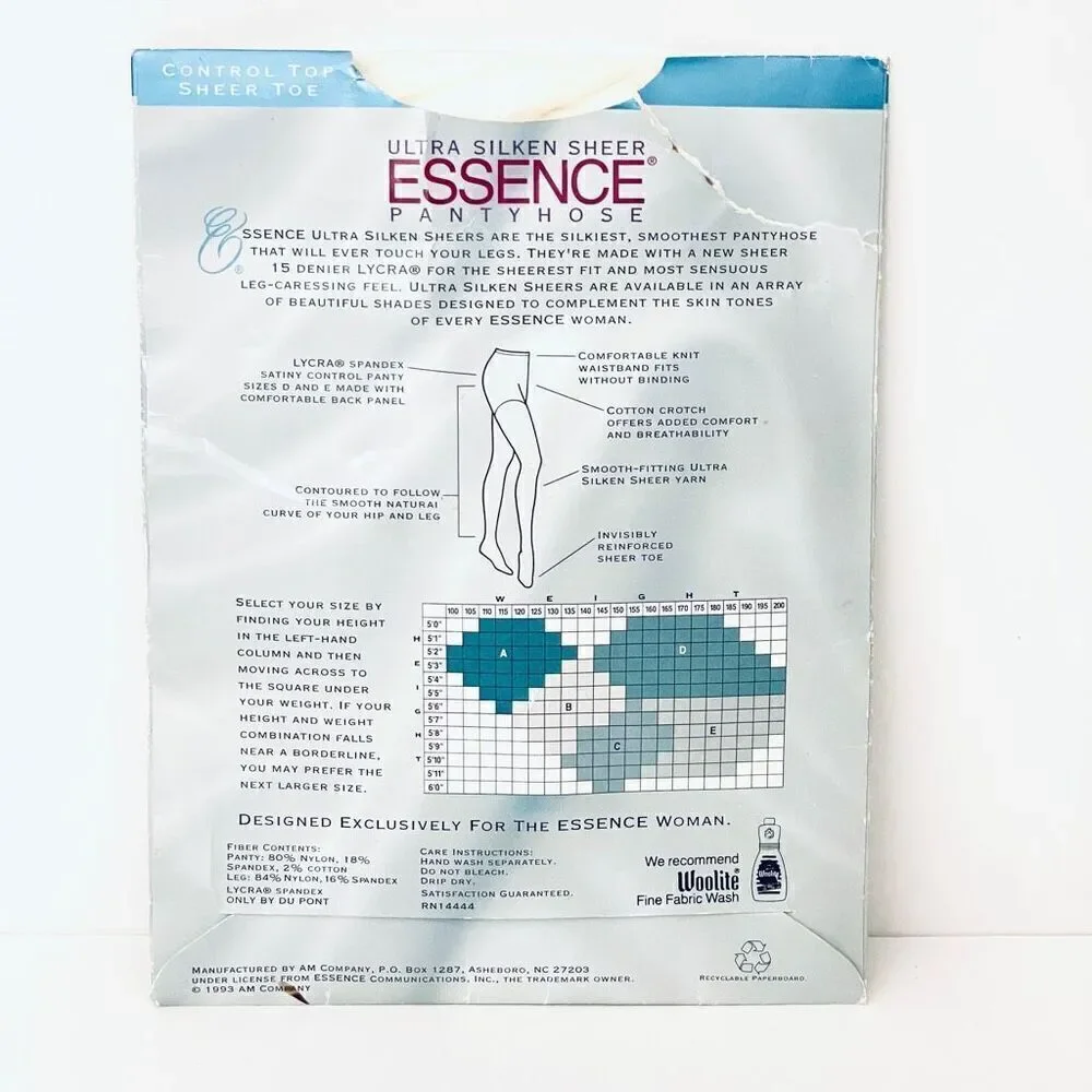 NWT Vintage 1990’s Essence Ultra Silken Control Top Sheer Toe Size B Pantyhose